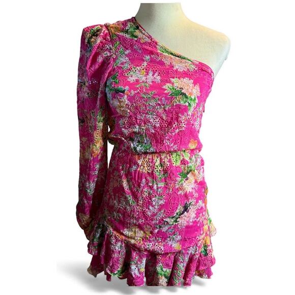 Hemant & Nandita Eyelet Lace Floral One Shoulder Mini Dress, Pink, Size Small - Picture 1 of 8
